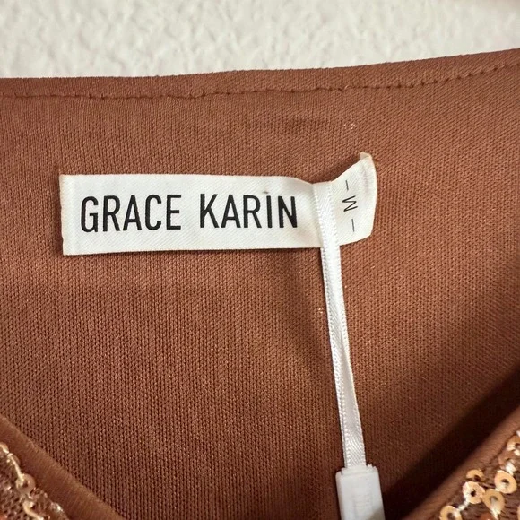Grace Karin Sequin Top Women Medium Brown Glitter V-Neck 3/4 Sleeve Party Blouse - Picture 2 of 12
